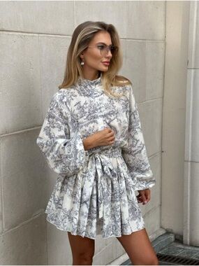 Commense White and Gray/Blue Toil Printed Long Sleeve Mini Dress